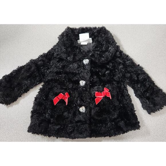 Mini Muffin Black Furry Button Up Coat 0-3 Months Rhinestone Buttons Bows Soft - Picture 1 of 3